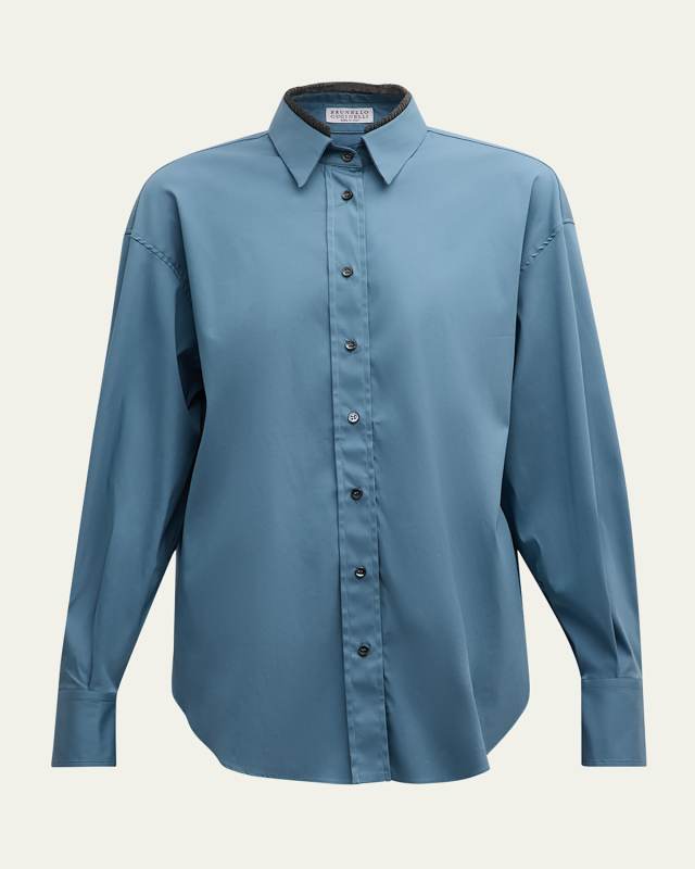 Poplin Stretch Button Down Monili Trim Top
